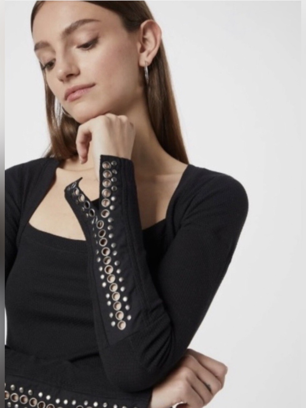 Free People A Little Unruly Black Waffle Stud Long Sleeve Ribbed Top Shirt L - Picture 13 of 15